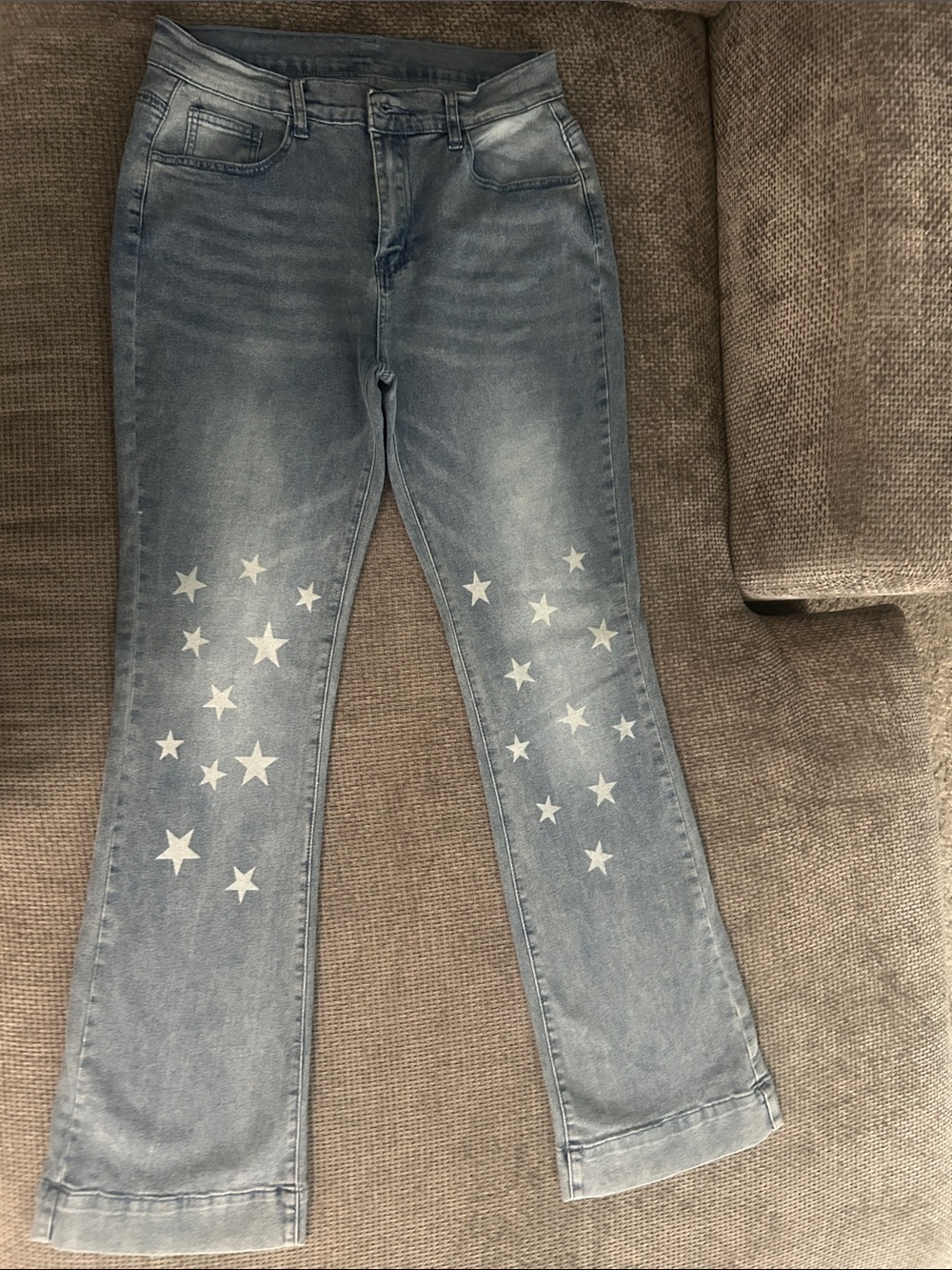 Y2K Star Print Flare Jeans Women’s L Stretch Faded Blue Denim - Picture 3 of 13